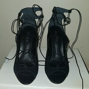 Black suede, lace-up Cezarine Aldo heels, 4 inches